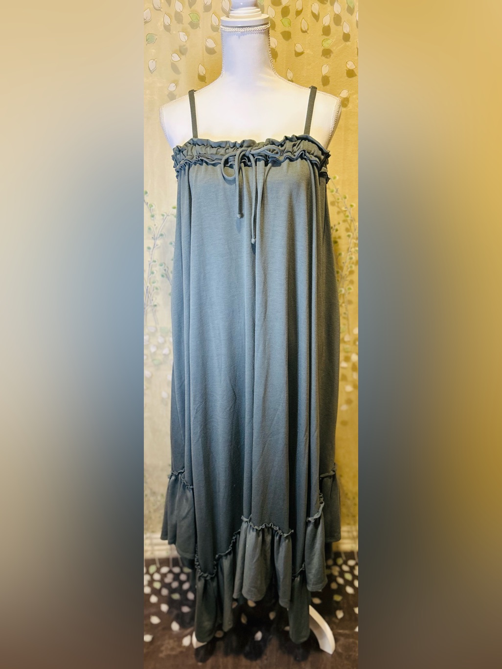 Three Bird Nest Wild Bay Slate Blue Boho Ruffle Cami Maxi Dress Sz S Lagenlook